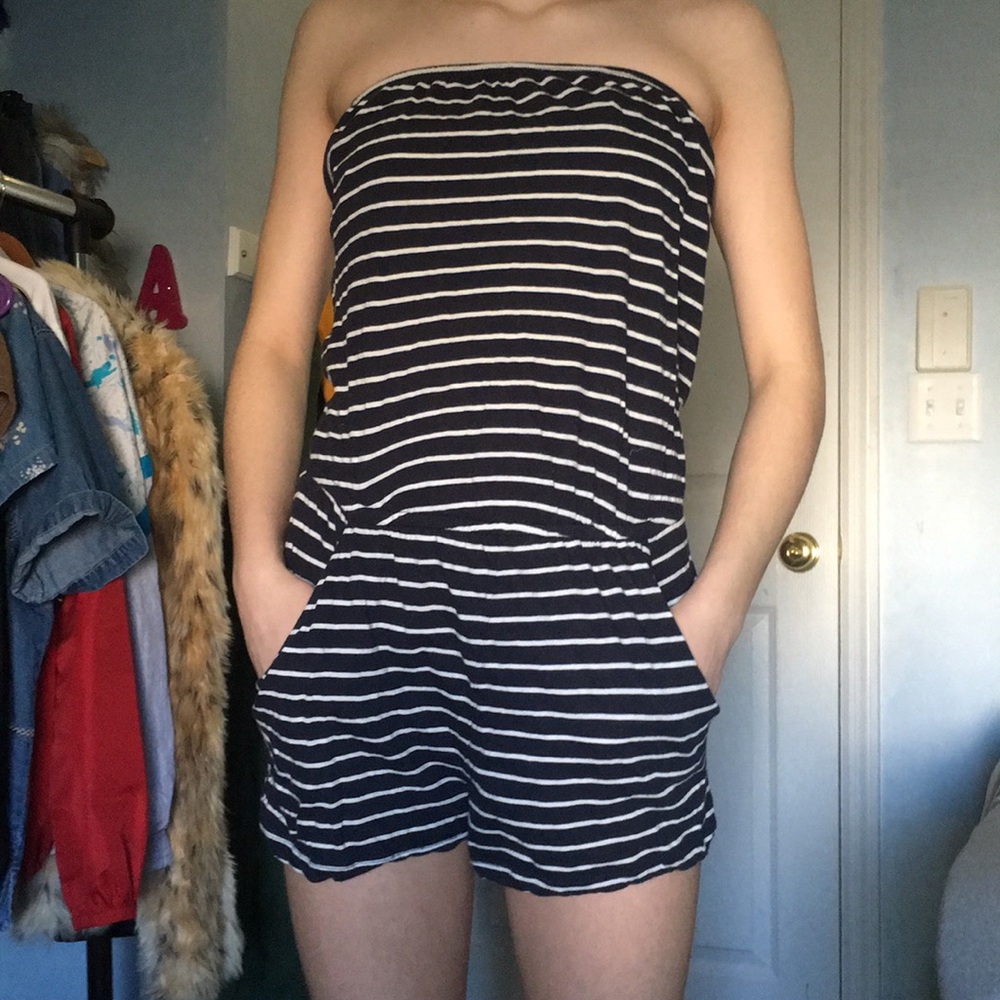Blue and white striped romper.